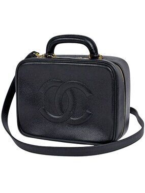 Chanel CC Logo Vanity 2-Way Shoulder Bag Makeup Pouch Caviar Leather Black